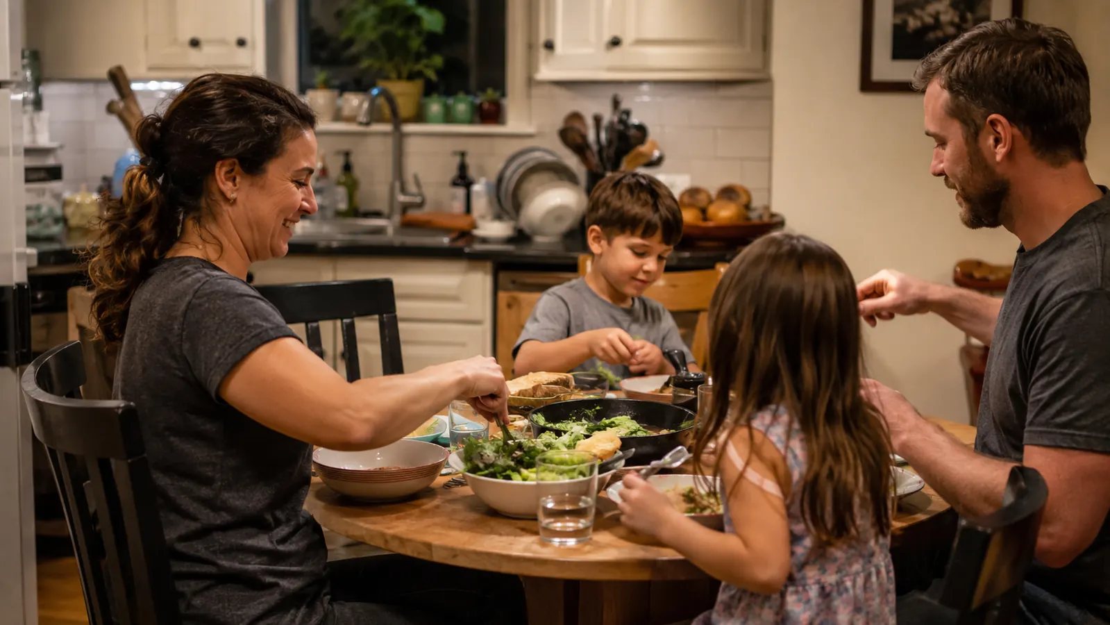 A family of four eating a weeknight dinner together at a small kitchen table