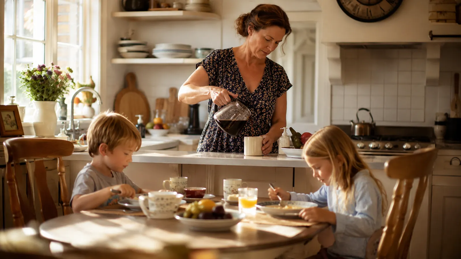 A mother pouring coffee for herself while two kids grab cereal at a small kitchen table on a school morning