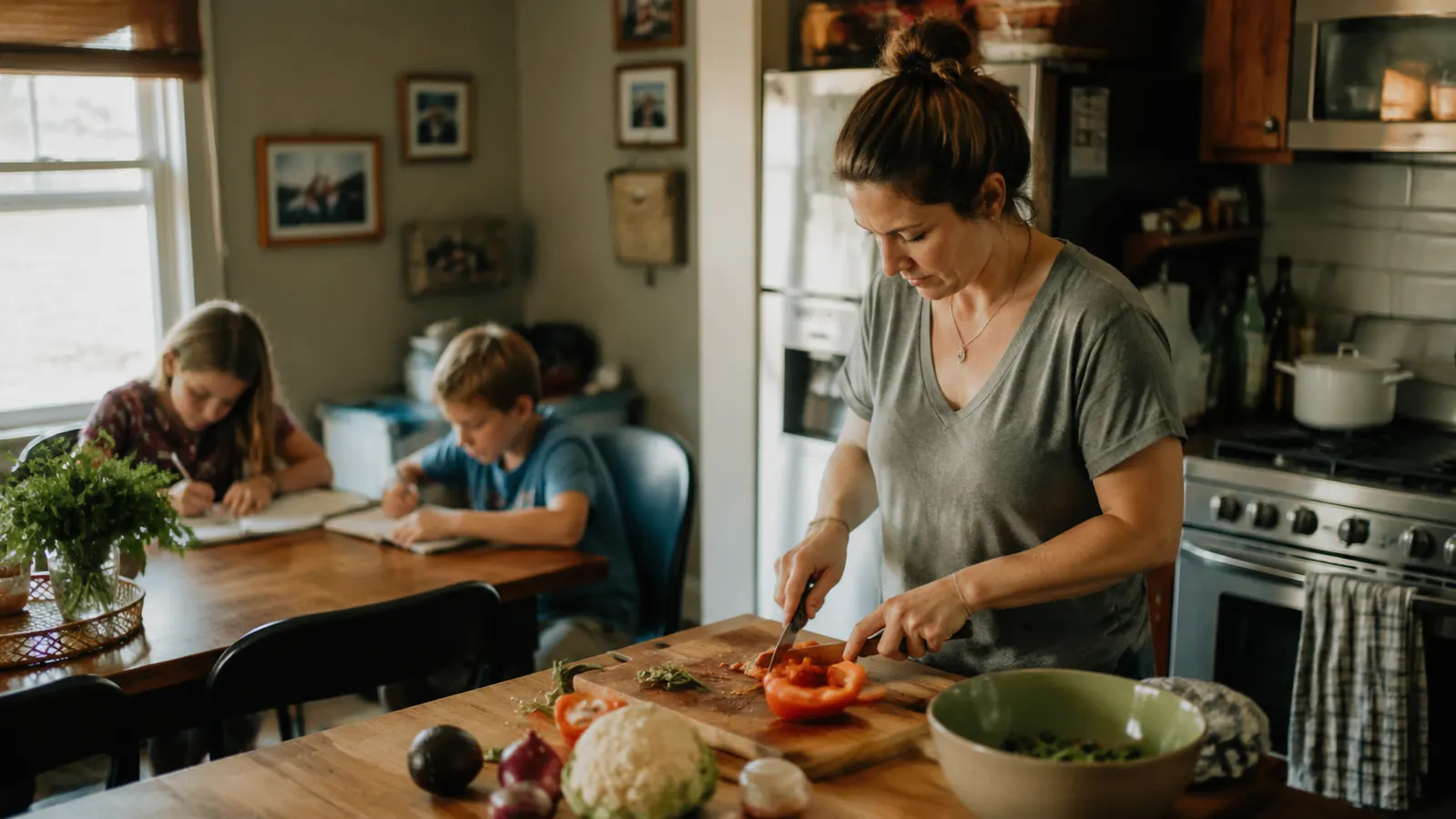 A mother prepping vegetables at the counter while two kids do homework at a nearby table