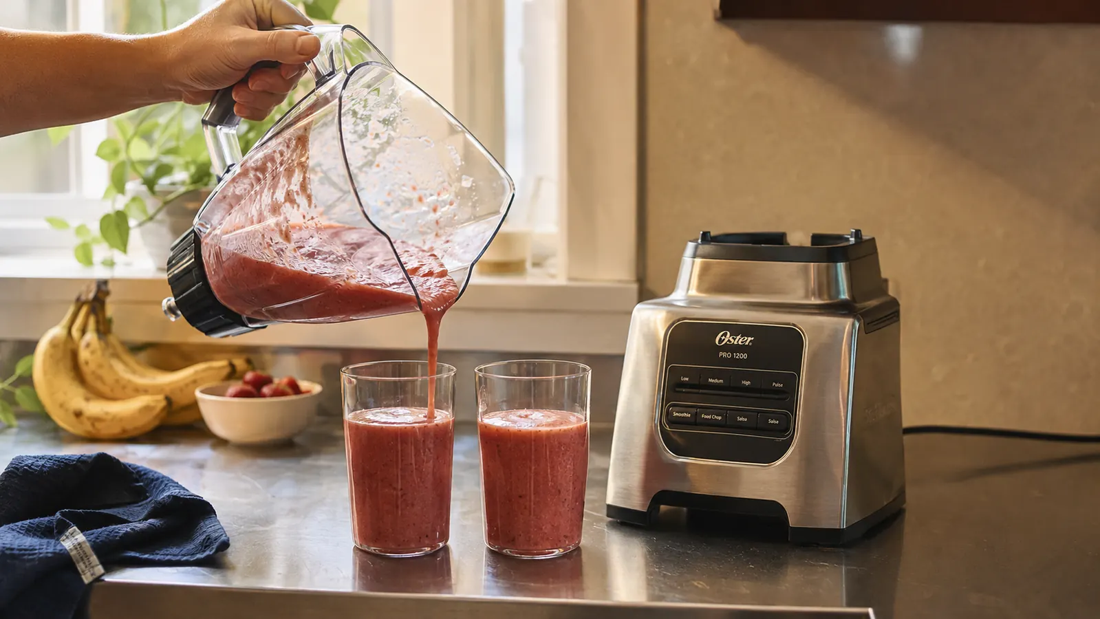 A hand pouring a smoothie from a full-size glass blender jar into two cups at once