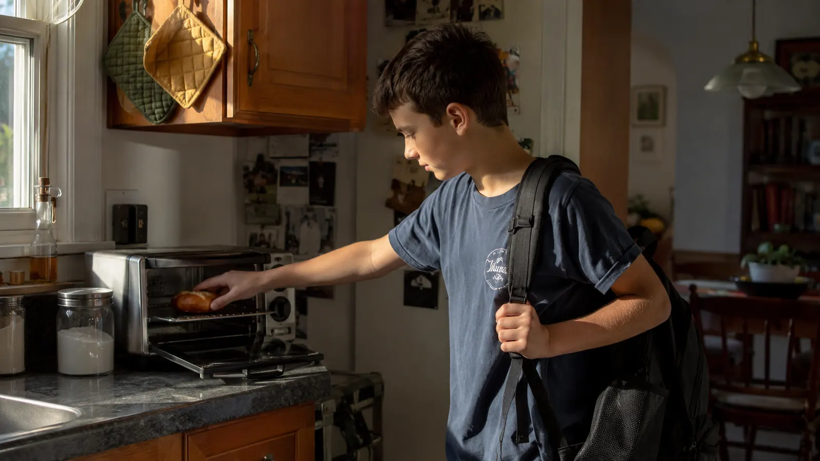 An 11 year old boy pulling a toasted bagel out of the toaster oven on his own
