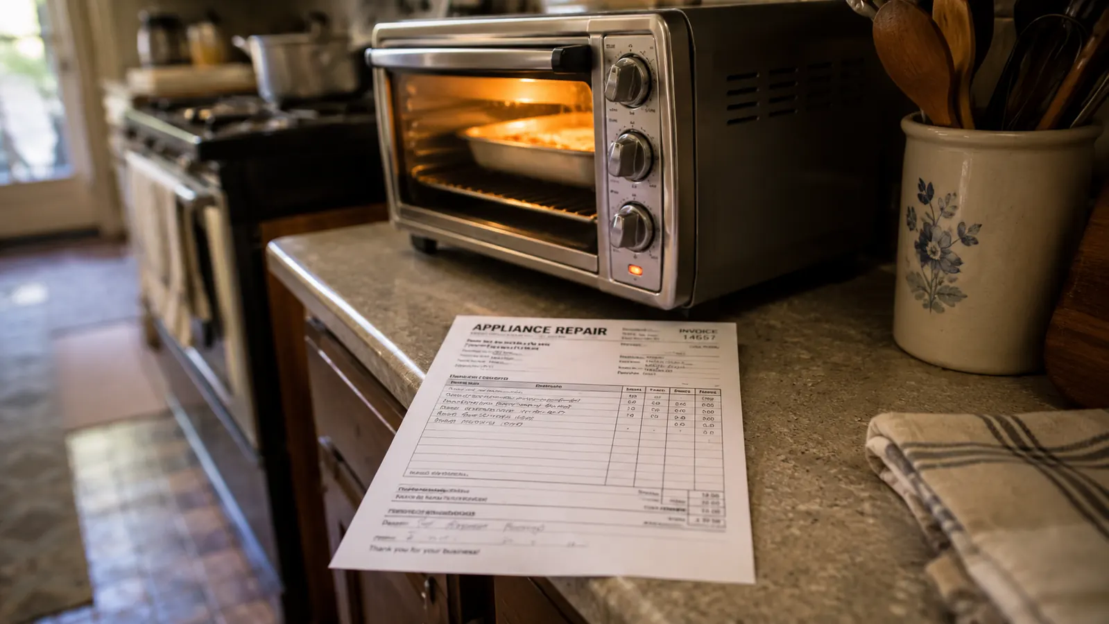 A repair technician's invoice sitting on a kitchen counter next to a toaster oven that is still running