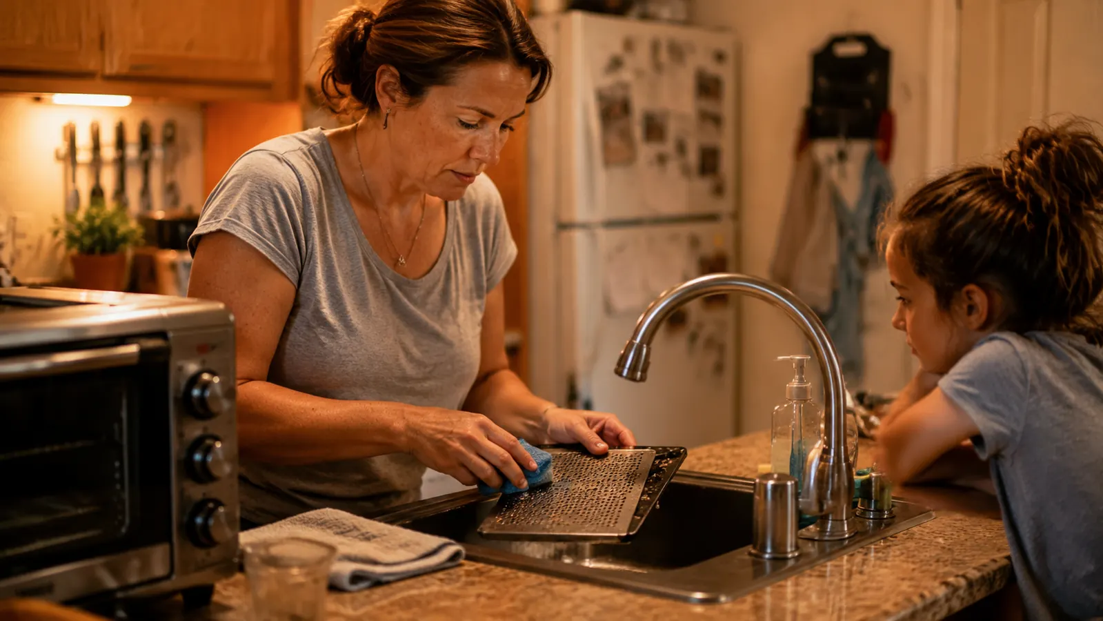A mother wiping crumbs from a toaster oven tray at a kitchen sink while a child watches nearby
