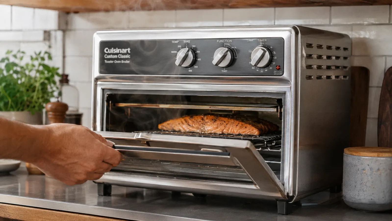 A hand pulling open the Cuisinart toaster oven door to check a broiled salmon fillet inside