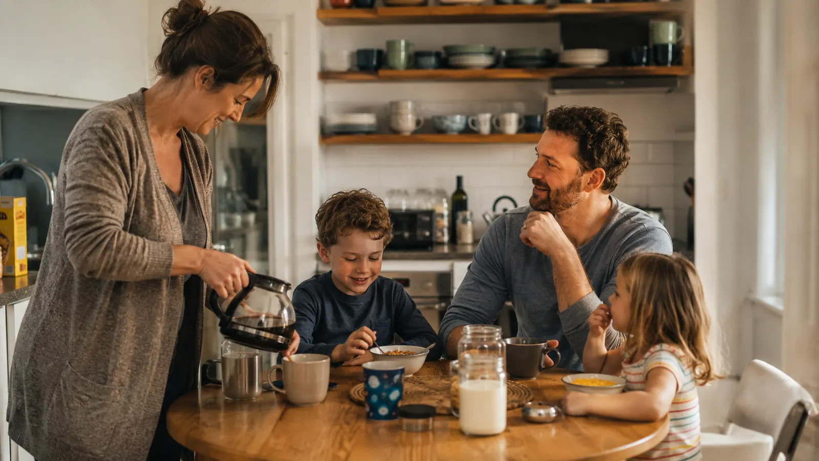 A mother pouring coffee from a full carafe while a husband and two kids sit at a small kitchen table on a busy morning