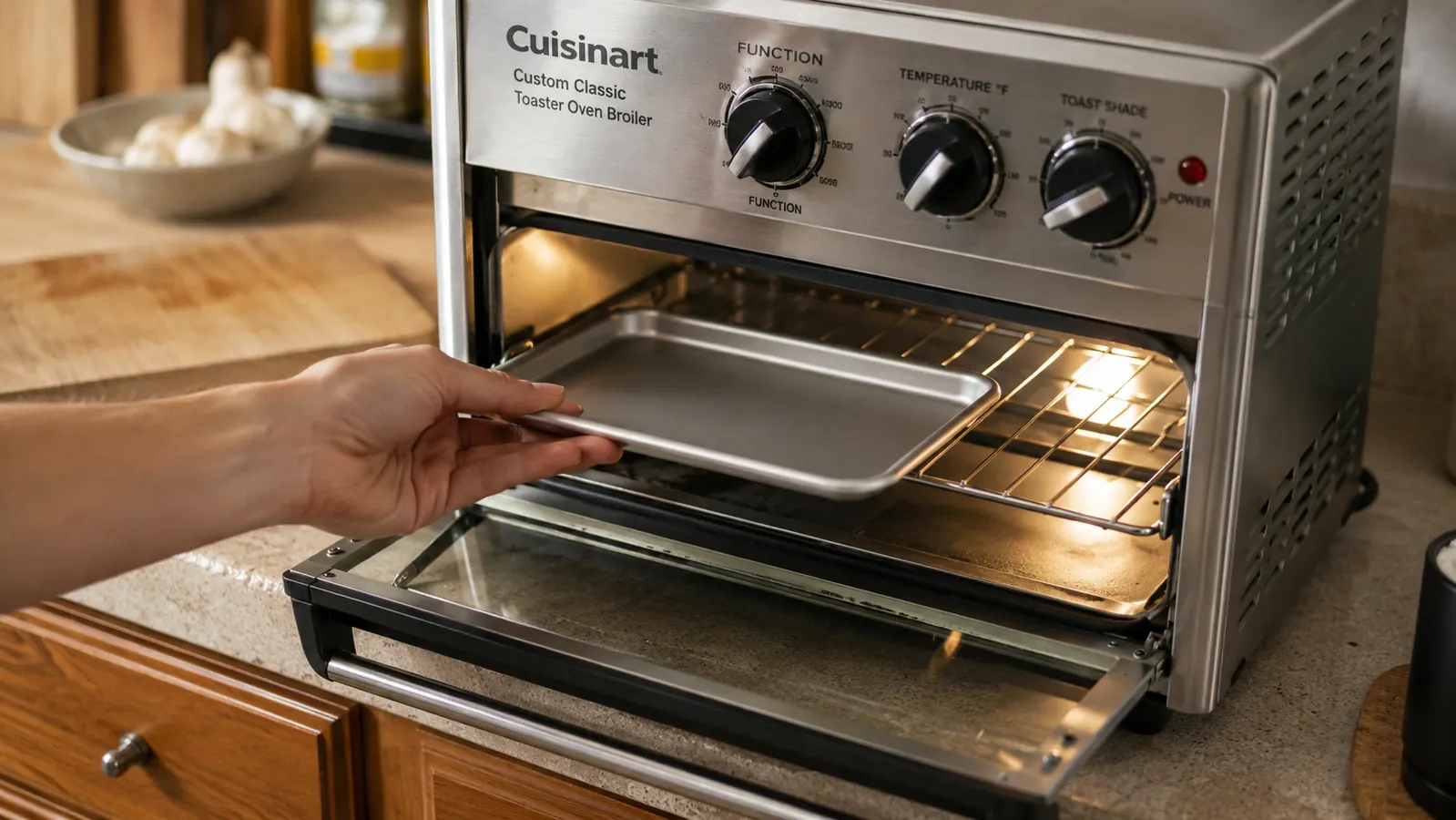 A hand sliding a small sheet pan of chicken thighs into the toaster oven on the middle rack