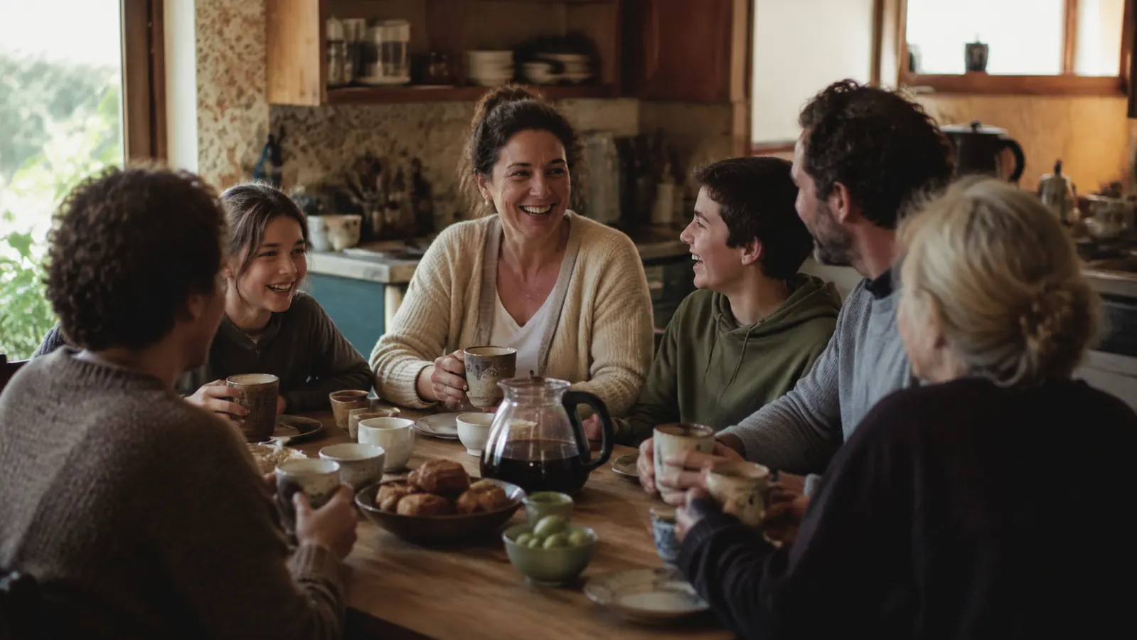 A family and guests gathered around a kitchen table with a full carafe of coffee and mugs on a Saturday morning