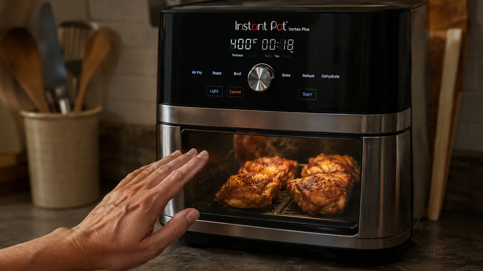 A hand checking crispy chicken through the air fryer's clear window instead of opening the drawer