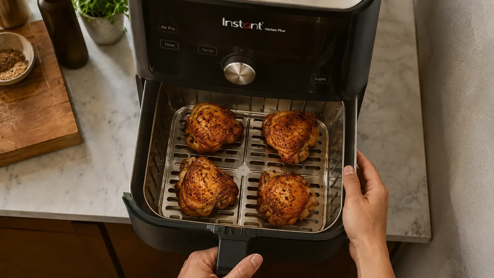 A single layer of chicken thighs arranged in an air fryer basket without crowding