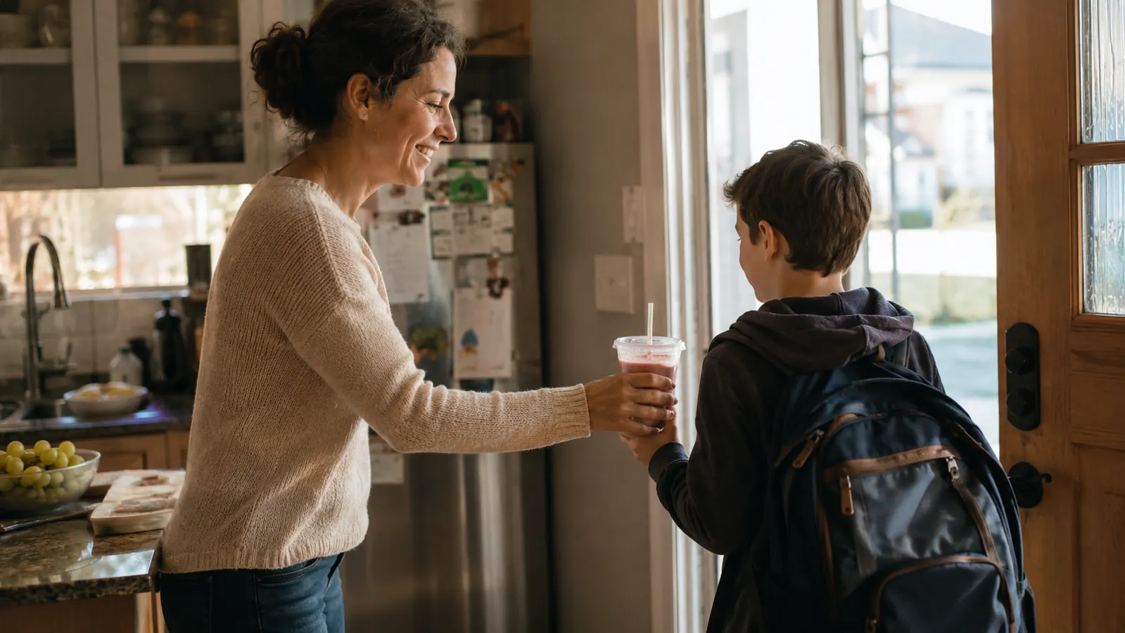 A mother handing a smoothie in a to-go cup to a son heading out the door for school