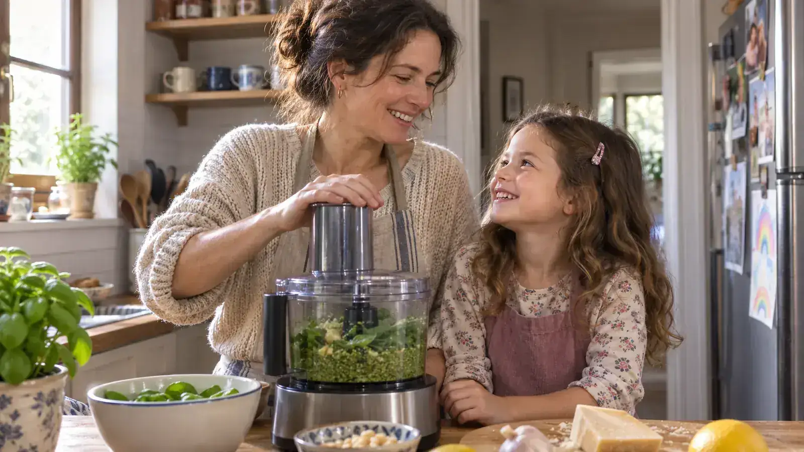 A mother and daughter shredding cabbage together at a small kitchen counter on a weekend morning