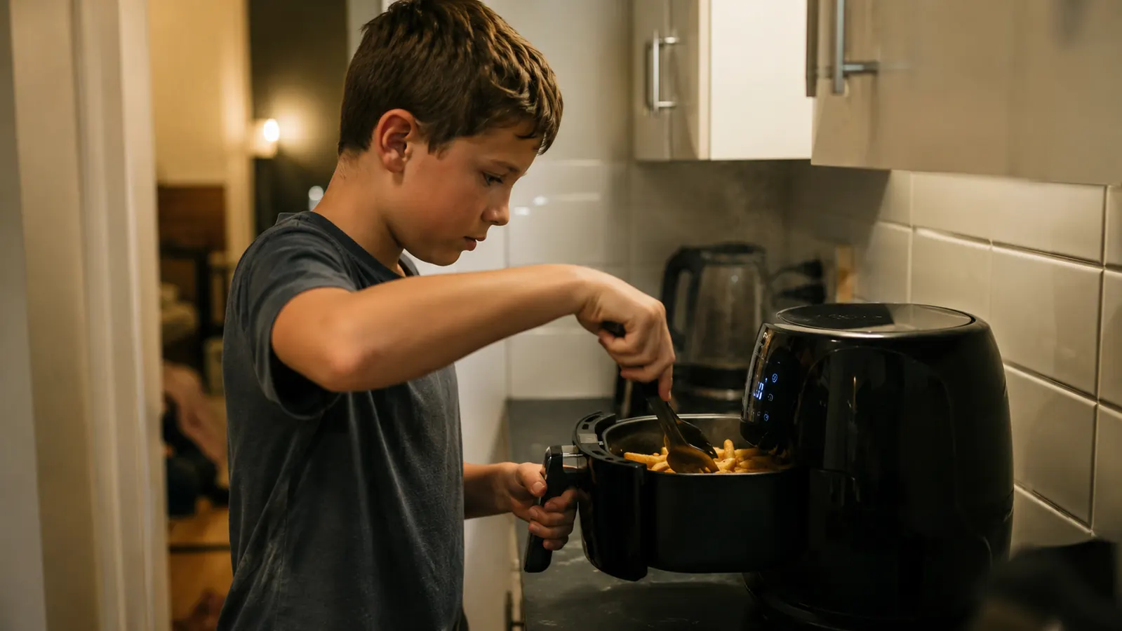 A young boy pulling a basket of crispy fries out of an air fryer at the kitchen counter