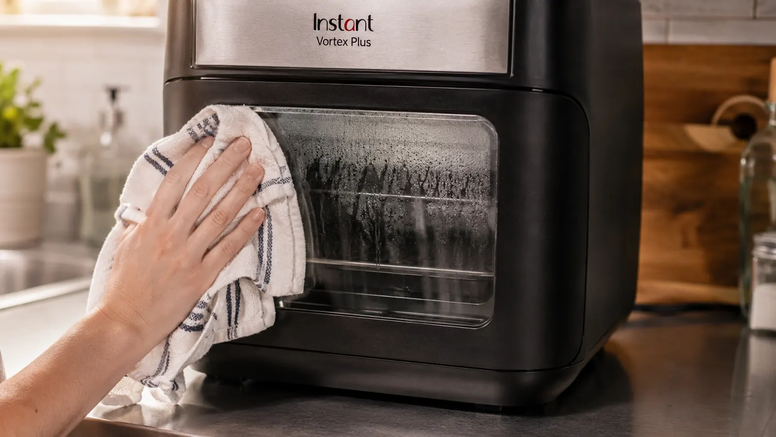 A hand wiping condensation off the clear front window of the air fryer with a dish towel