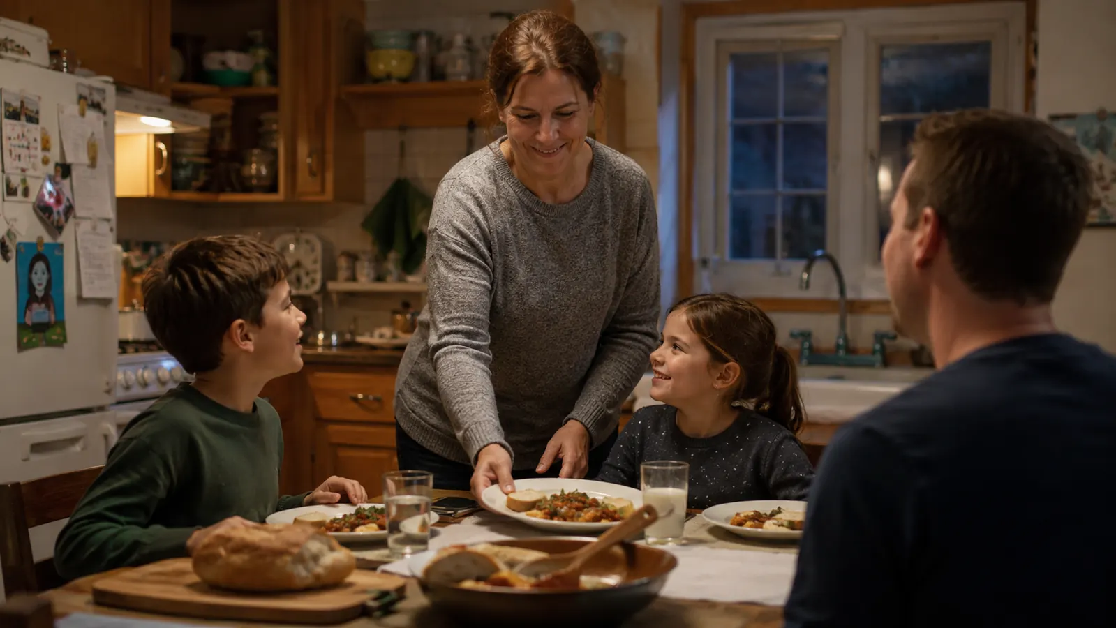 A mother serving dinner to two kids and a husband at a small kitchen table on a weeknight