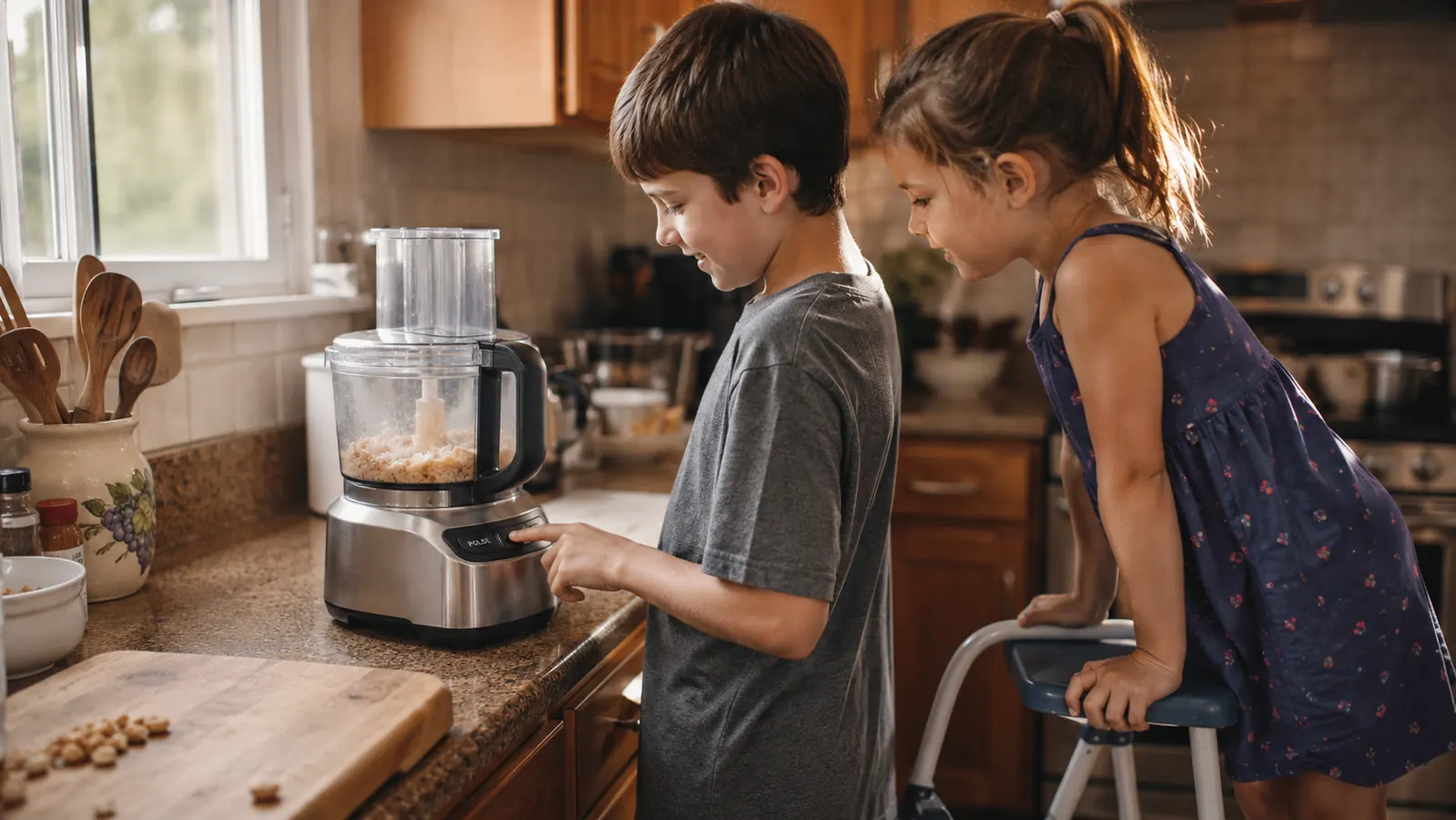 An eleven year old boy pressing a food processor's pulse button while his younger sister watches from a step stool nearby