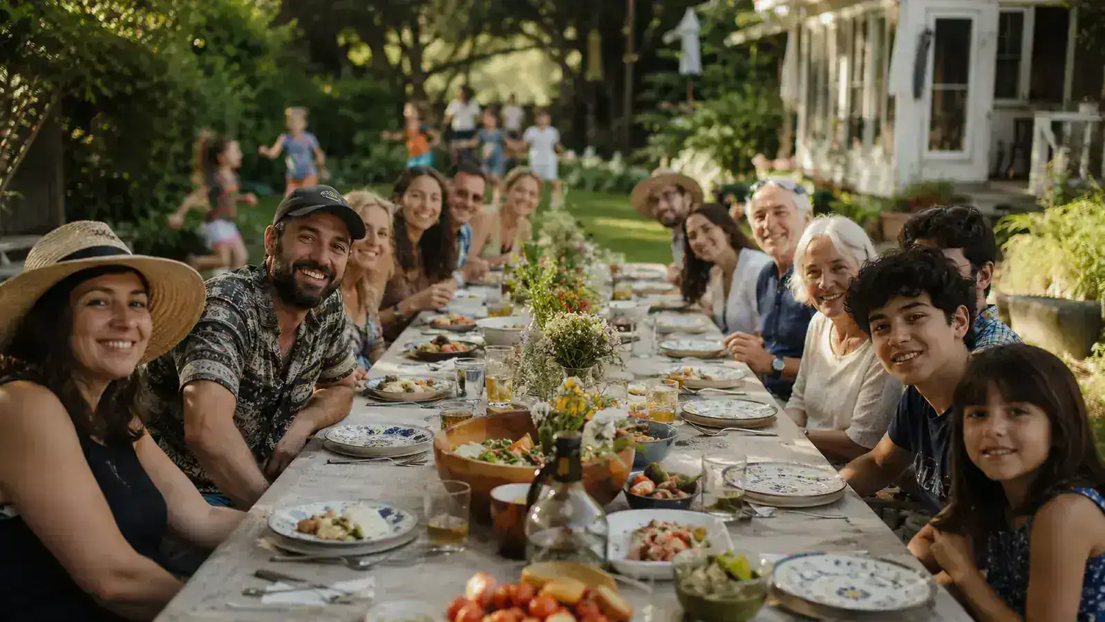 A large extended family seated together around a long outdoor table on a summer afternoon with kids running in the background