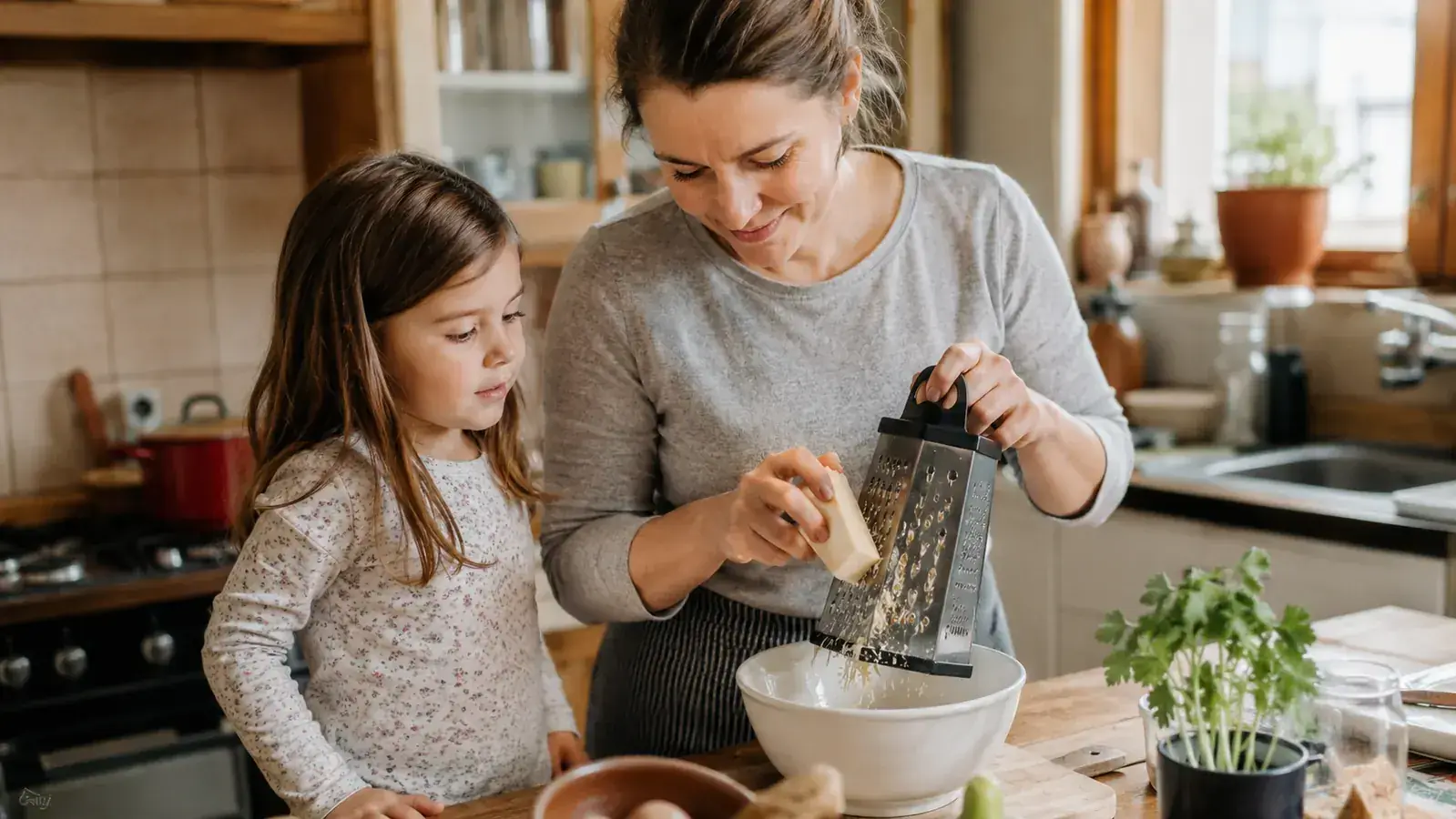 A mother and daughter shredding cheese together at a small kitchen counter on a Sunday afternoon