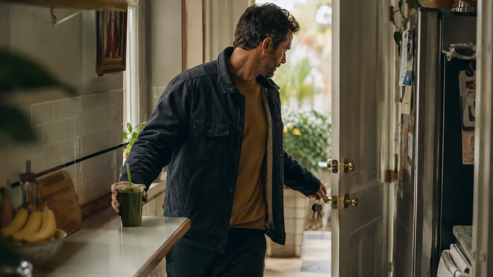 A father grabbing a to-go smoothie cup off the counter on his way out the door for work