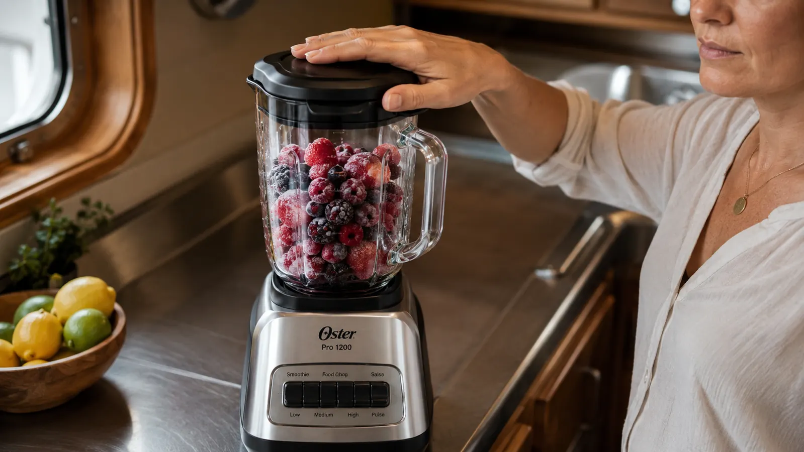 A hand pressing down and twisting the blender lid to fully lock it before starting a high speed blend