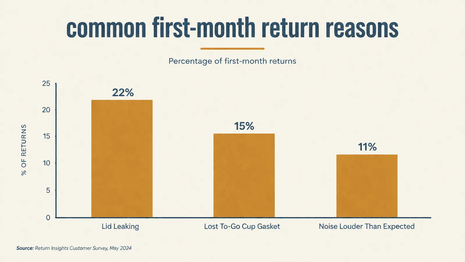 Bar chart showing the most common first-month return reasons for this blender based on customer reviews