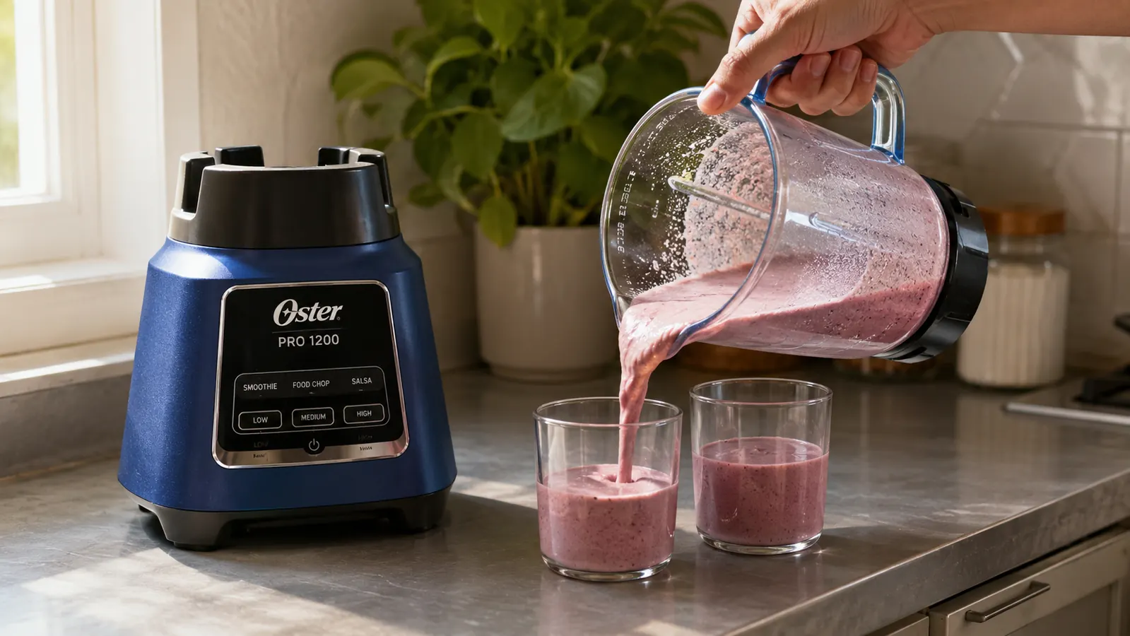 A hand pouring a smoothie from the glass blender jar into two cups on the counter