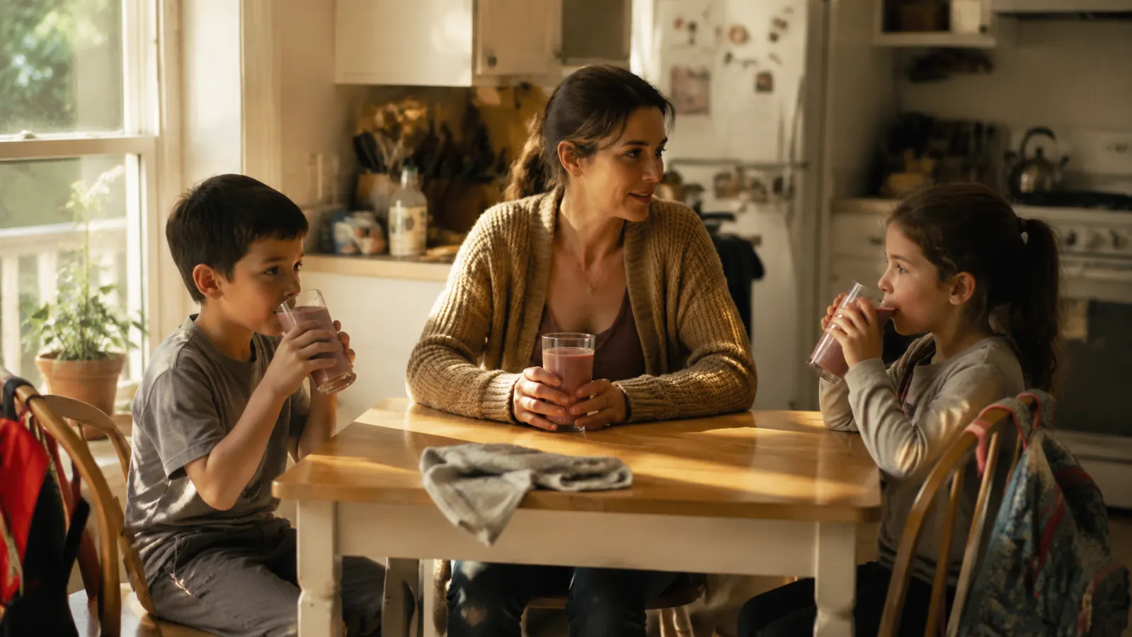 A mother and two kids at a small kitchen table each holding a glass of smoothie on a weekday morning