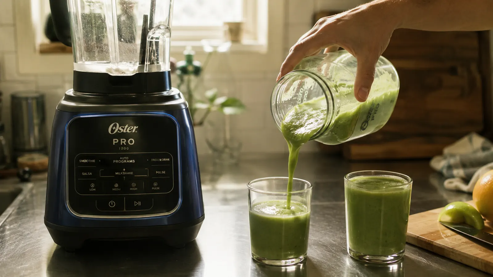 A hand pouring a green smoothie from a glass blender jar into two kids' cups
